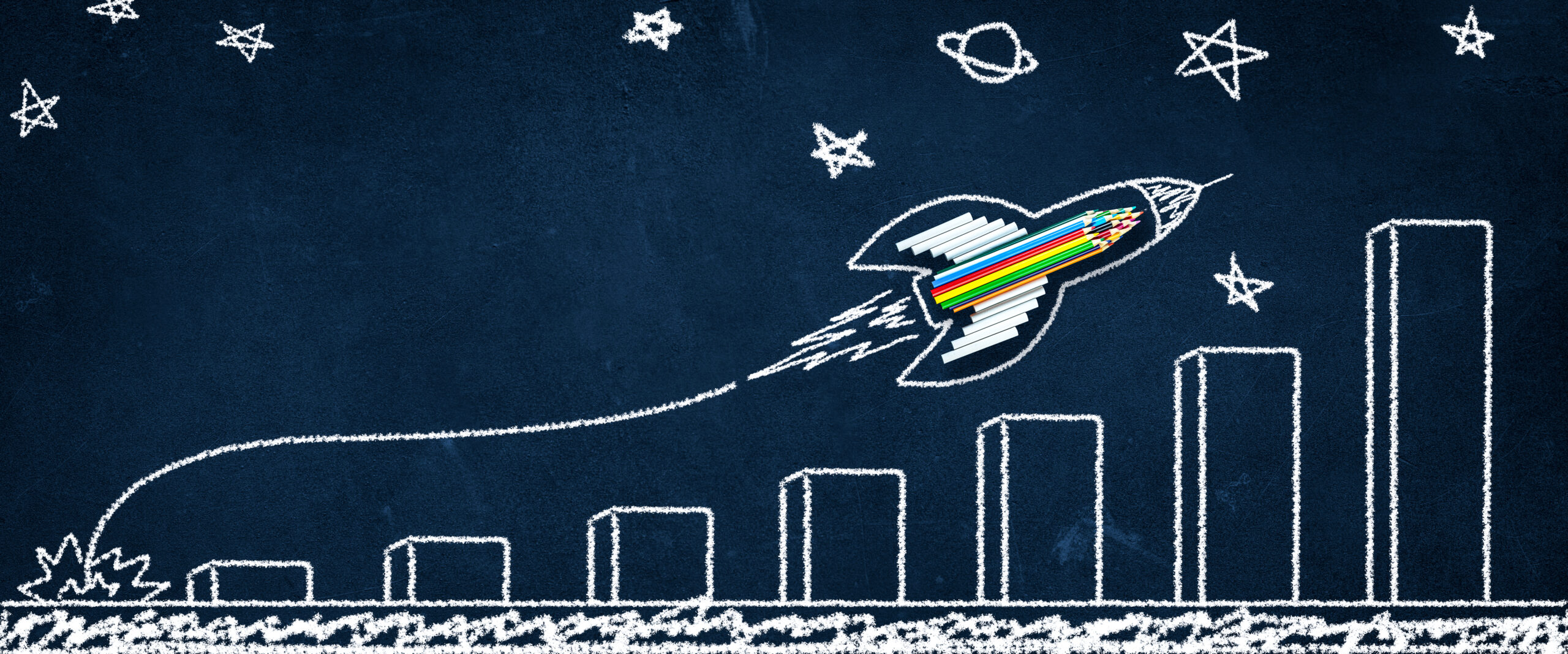 Rocket,Made,From,Pencils,And,Chalk,With,Growth,Chart,Drawing